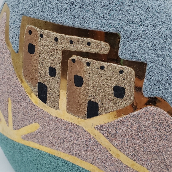 Southwestern Sand Pottery Art Vase Pueblo 14 Karat Gold Accents Village Scenery - Picture 2 of 13